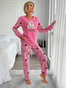 RueChic Letter & Cartoon Graphic Flannel PJ Set - Pink - View 3