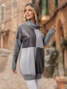 SHEIN LUNE 撞色高領落肩袖套頭毛衣 - 灰色 - 查看 5