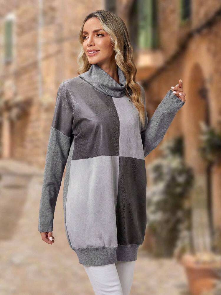 Color Block Turtleneck Drop Shoulder Sweater