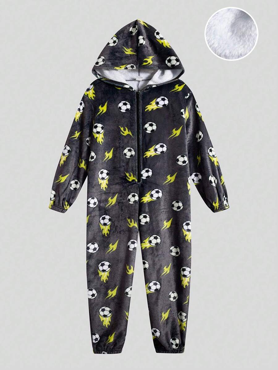 SHEIN Tween Boy Soccer Print Hooded Sleep Jumpsuit - Multicolor - View 1