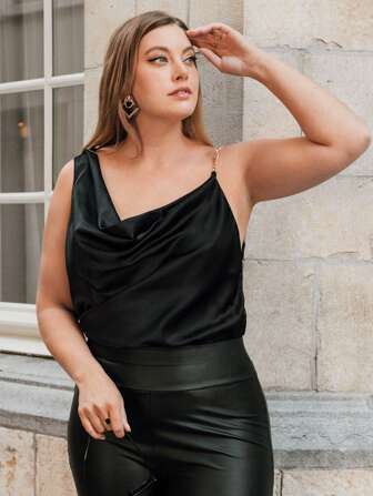 SHEIN Privé Plus Chain Detail Asymmetrical Neck Draped Front Satin Blouse