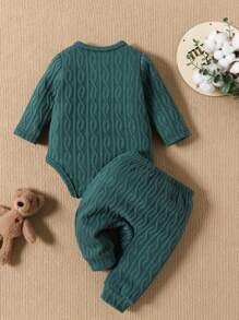 Đứa bé trai Thêu Gấu Nút Nửa Áo liền quần chặt & Quần nỉ - màu xanh lá - Xem 2