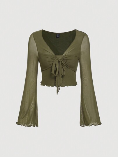 SHEIN MOD 2 In 1 Green Tie Front Lettuce Trim Mesh Tee,Sheer