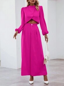 SHEIN Clasi Solid Lantern Sleeve Crop Top & Wide Leg Pants - Hot Pink - View 6
