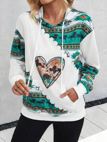 SHEIN LUNE Heart & Geo Print Kangaroo Pocket Drop Shoulder Drawstring Hoodie - White - View 4