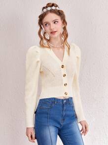 SHEIN MOD 前紐扣羊腿袖開襟衫 - 杏色 - 查看 4