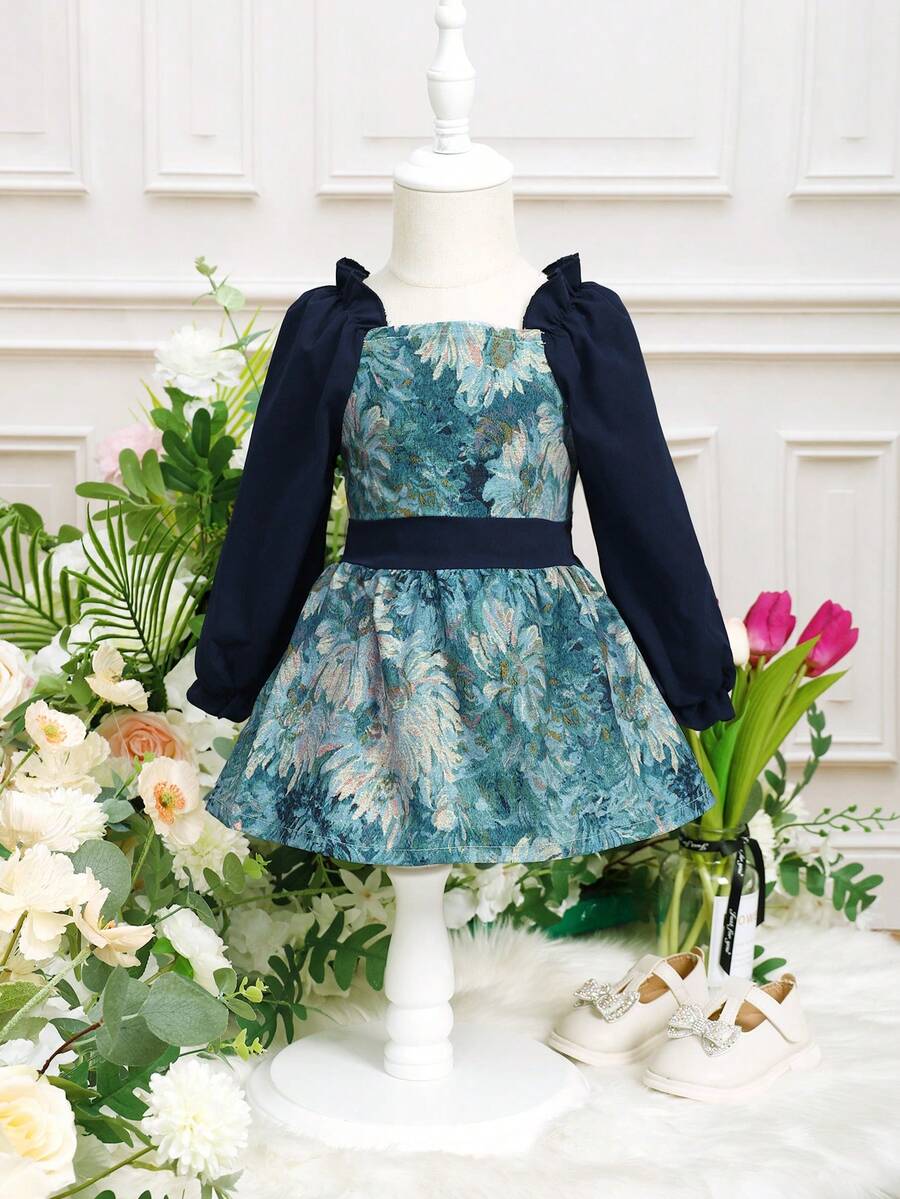 女嬰印花燈籠袖洋裝 - 藍色 - 查看 1