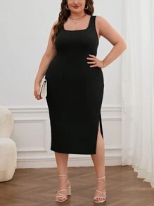 SHEIN Essnce Plus Split Thigh Tank Dress - Black - View 4