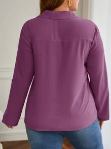 SHEIN Frenchy Talla grande Blusa de manga enrollada con botón unicolor - Morado - Ver 2