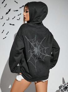 PUNK In mạng nhện Thả vai Hoodie - màu đen - Xem 5
