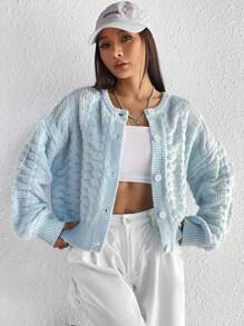 SHEIN Qutie Xoắn Dan Thả vai Áo len Mở - Màu xanh lam - Xem 4