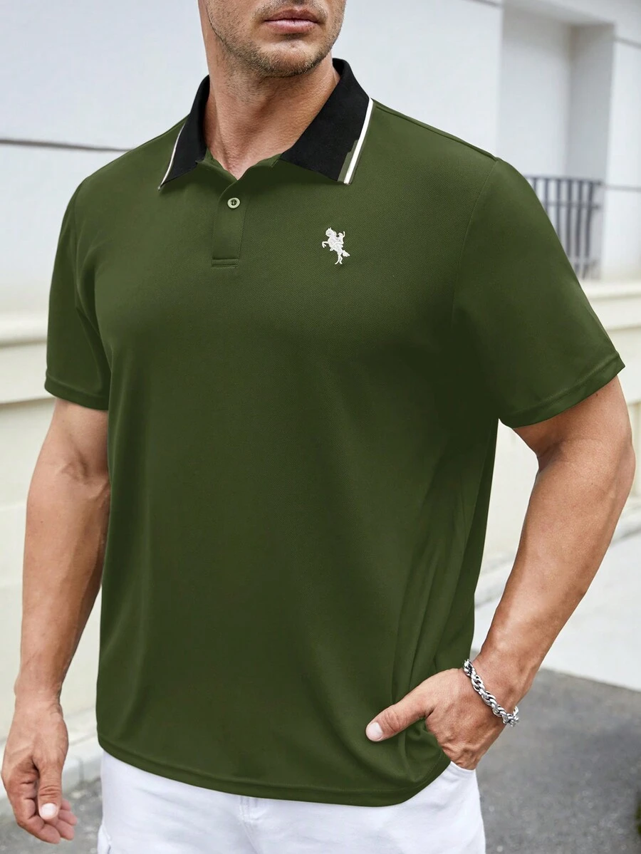 GENTILAND 男士大码刺繡馬圖案拼接領POLO衫 - 軍綠色 - 查看 1