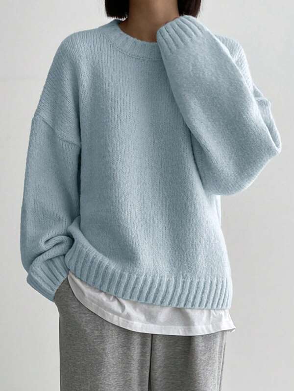 DAZY Solid Drop Shoulder Sweater Without Tee,Long Sleeve Tops