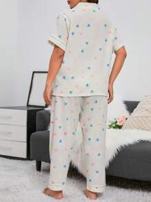 Miss Vinta Plus Heart Print Contrast Piping PJ Set / Pajama Set - Beige - View 3