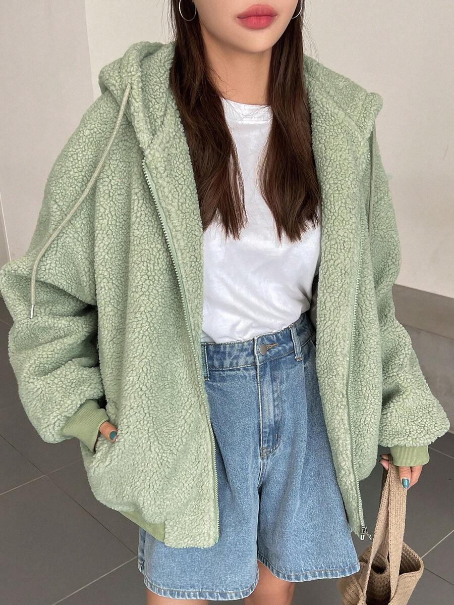 DAZY Áo khoác Teddy có dây rút có mũ trùm đầu - màu xanh lá - Xem 1