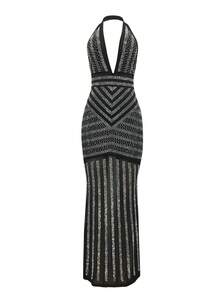 Vestido de vestir de cuello profundo de espalda abierta con diamante de imitación - Negro - Ver 3