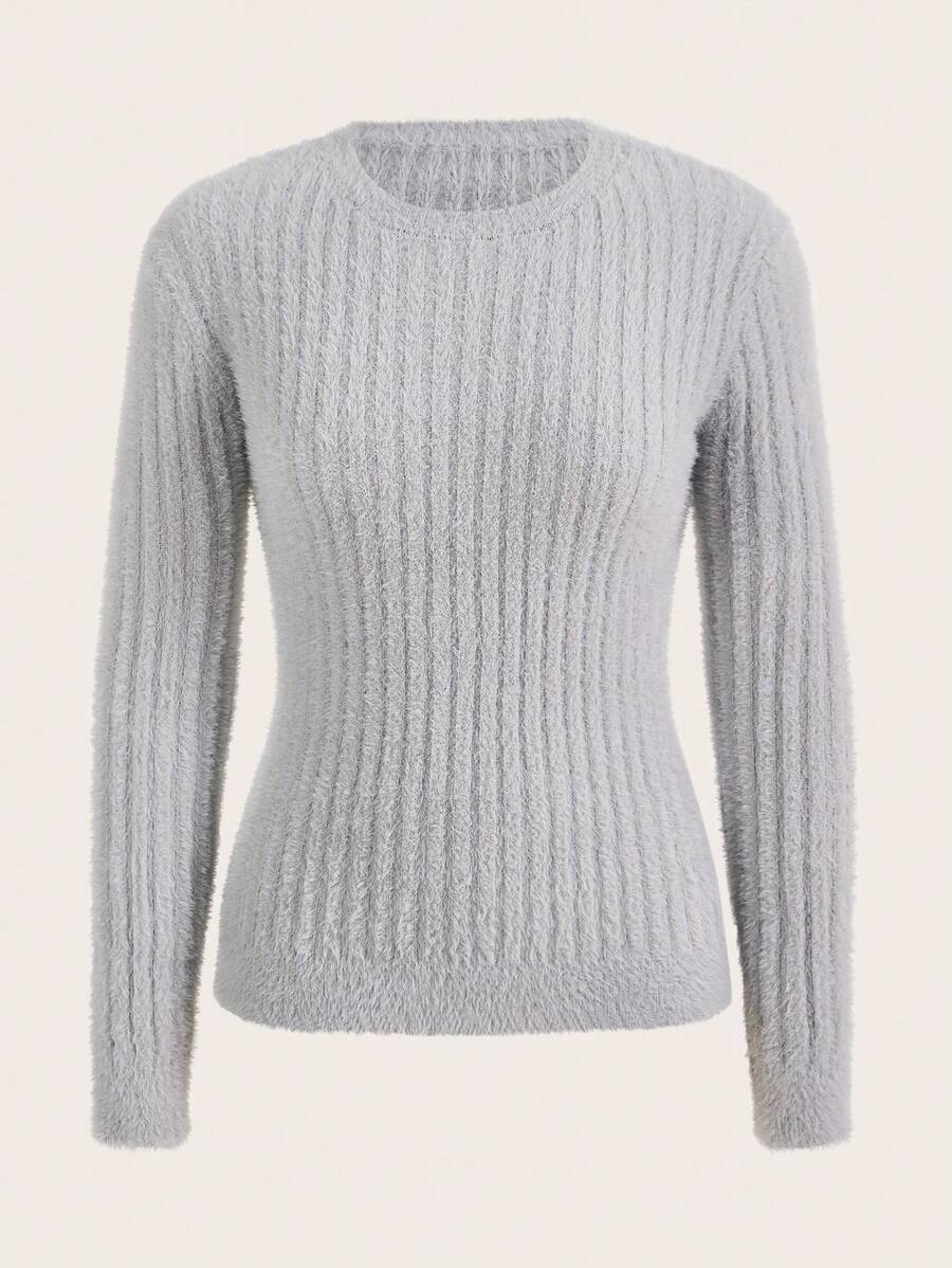 SHEIN BASICS 素色絨毛針織套頭毛衣 - 淺灰色 - 查看 1