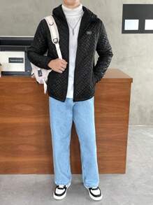 Manfinity VCAY Loose-Fit Men's Letter Patched Hooded Quilted Coat - Black - View 4