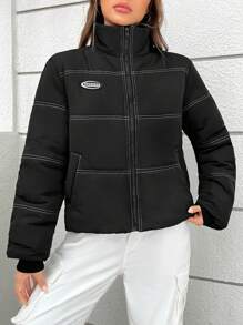 SHEIN EZwear Letter Patched Zip Up Padded Coat - Black - View 6