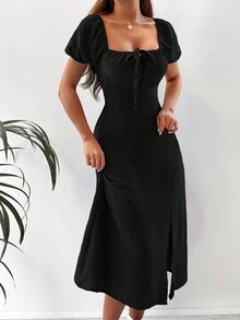 EURMUSE Tie Front Split Thigh Puff Sleeve Dress - Black - View 4