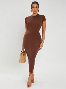 SHEIN SXY Solid Round Neck Bodycon Dress - Coffee Brown - View 5