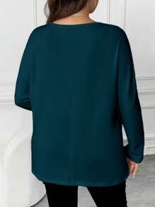 SHEIN Frenchy Plus Solid V Neck Tee - Blue - View 2