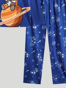 SHEIN Cậu bé Tween In Phi hành gia Bộ áo Tee & quần PJ - Màu xanh lam - Xem 3