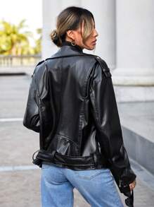 SHEIN Essnce Zip Up Patent Moto Jacket - Black - View 2