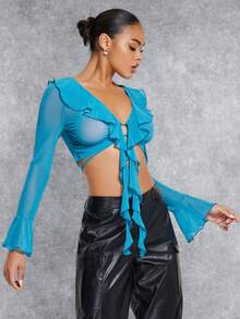 SHEIN BAE 荷葉邊喇叭袖前繫帶短款網紗上衣 - 藍色 - 查看 5