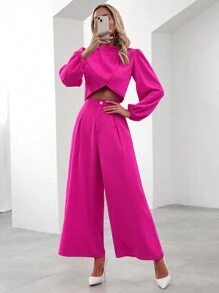 SHEIN Clasi Solid Lantern Sleeve Crop Top & Wide Leg Pants - Hot Pink - View 7