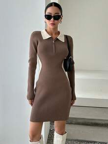 DAZY Panel Tương phản Khóa kéo một phần tư Đầm Áo len - màu nâu - Xem 5