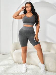 Plus Solid Rib Knit Sports Set - Grey - View 3