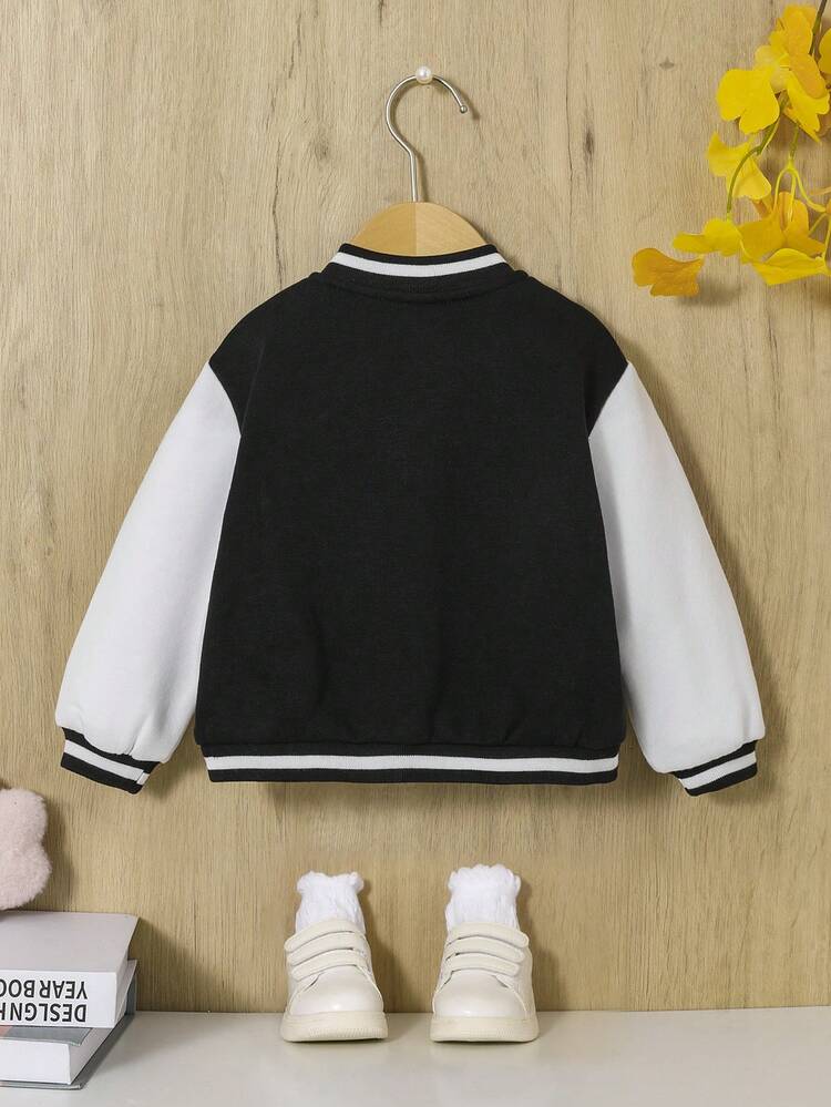 Baby Girl Letter & Bear Print Striped Trim Varsity Jacket Without Tee