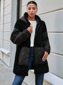 RueChic Zip Up Contrast Teddy Drawstring Hooded Puffer Coat - Black - View 1