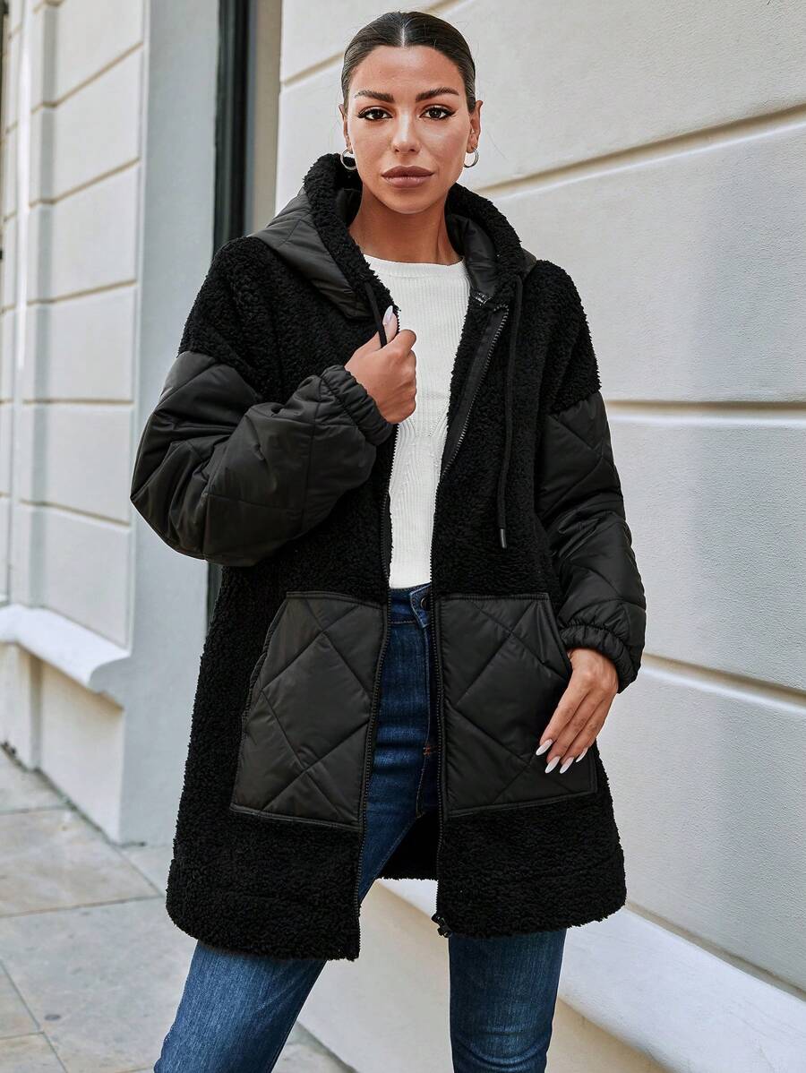 RueChic Zip Up Contrast Teddy Drawstring Hooded Puffer Coat - Black - View 1