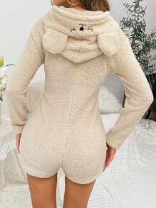 3D Ear Design Hooded Zipper Front Flannel Sleep Romper - Apricot - View 2
