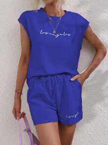 Chiquease Letter Graphic Batwing Sleeve Tee & Drawstring Waist Shorts - Royal Blue - View 6
