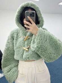 DAZY 落肩袖行李袋開襟連帽毛絨夾克 - 薄荷綠 - 查看 4