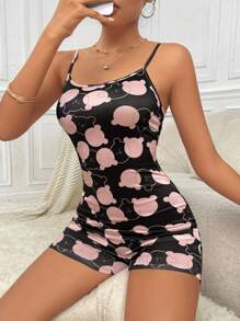 SHEIN Cartoon Graphic Cami Sleep Romper - Coffee Brown - View 1