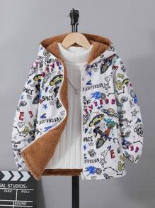 SHEIN Cậu bé Tween Chữ cái & Đồ họa hoạt hình Lót Teddy Áo trùm đầu - Nhiều màu - Xem 1