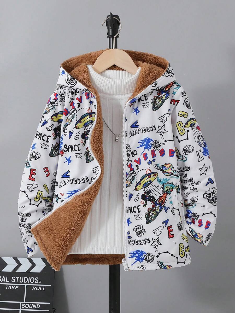 SHEIN Cậu bé Tween Chữ cái & Đồ họa hoạt hình Lót Teddy Áo trùm đầu - Nhiều màu - Xem 1