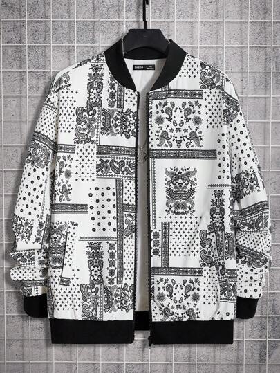 Manfinity VCAY Oversized Men's Paisley & Scarf Print Bomber Winter Coat, Without T-Shirt