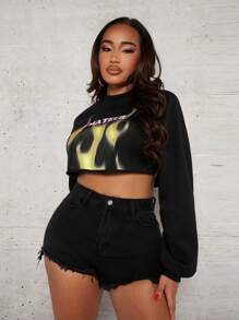 SHEIN SXY 字母圖案短款衛衣 - 黑色 - 查看 5