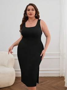 SHEIN Essnce Plus Split Thigh Tank Dress - Black - View 6