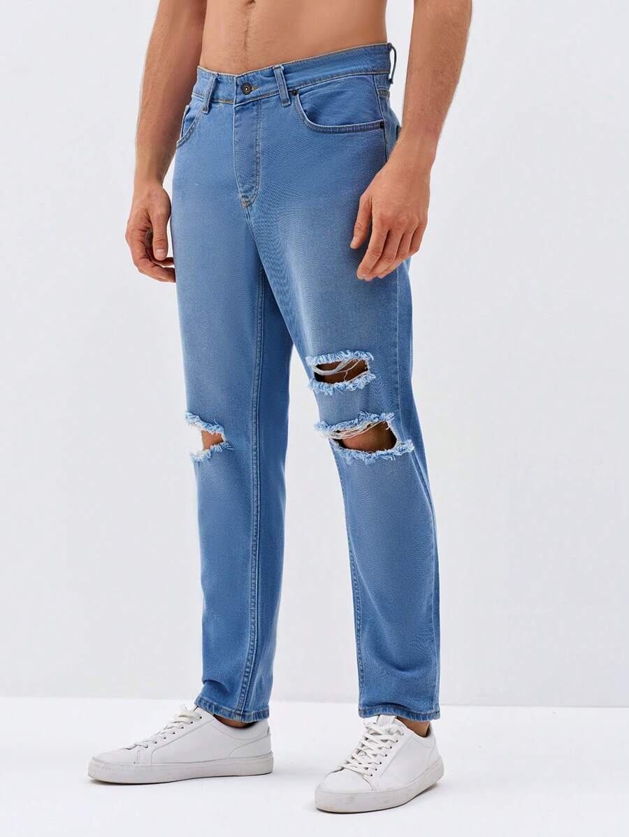 RueChic Men Ripped Straight Leg Jeans - Light Wash - View 1