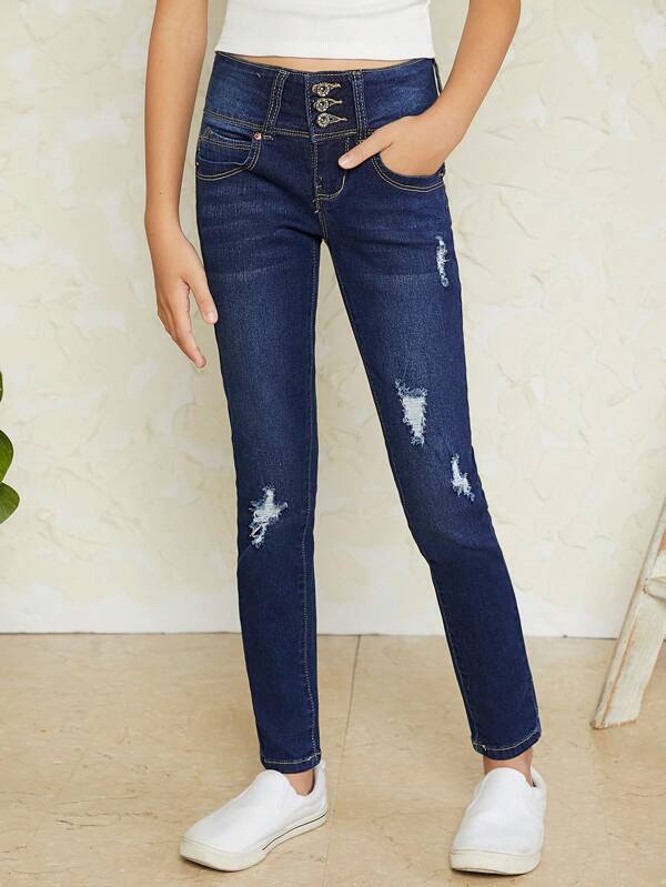Tween Girl Button Fly Ripped Jeans | SHEIN USA