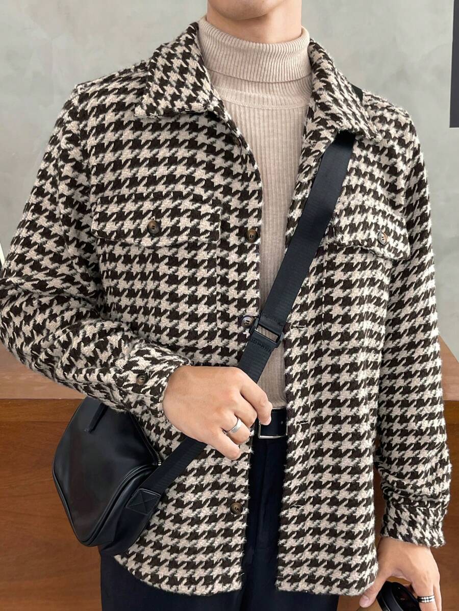 GENTILAND 1 件男士宽松千鸟格图案翻盖口袋大衣 - 棕色 - 查看 1