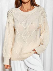 SHEIN Privé Áo len trễ vai đính hạt ngọc trai - Màu be - Xem 3