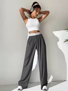 SHEIN EZwear 女士春季時尚百搭灰色高腰寬腿鬆身純色皺褶褲,適用於辦公室ol - 深灰色 - 查看 6