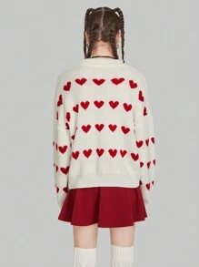 ROMWE Kawaii Heart Pattern Drop Shoulder Sweater,Long Sleeve Tops - Beige - View 6